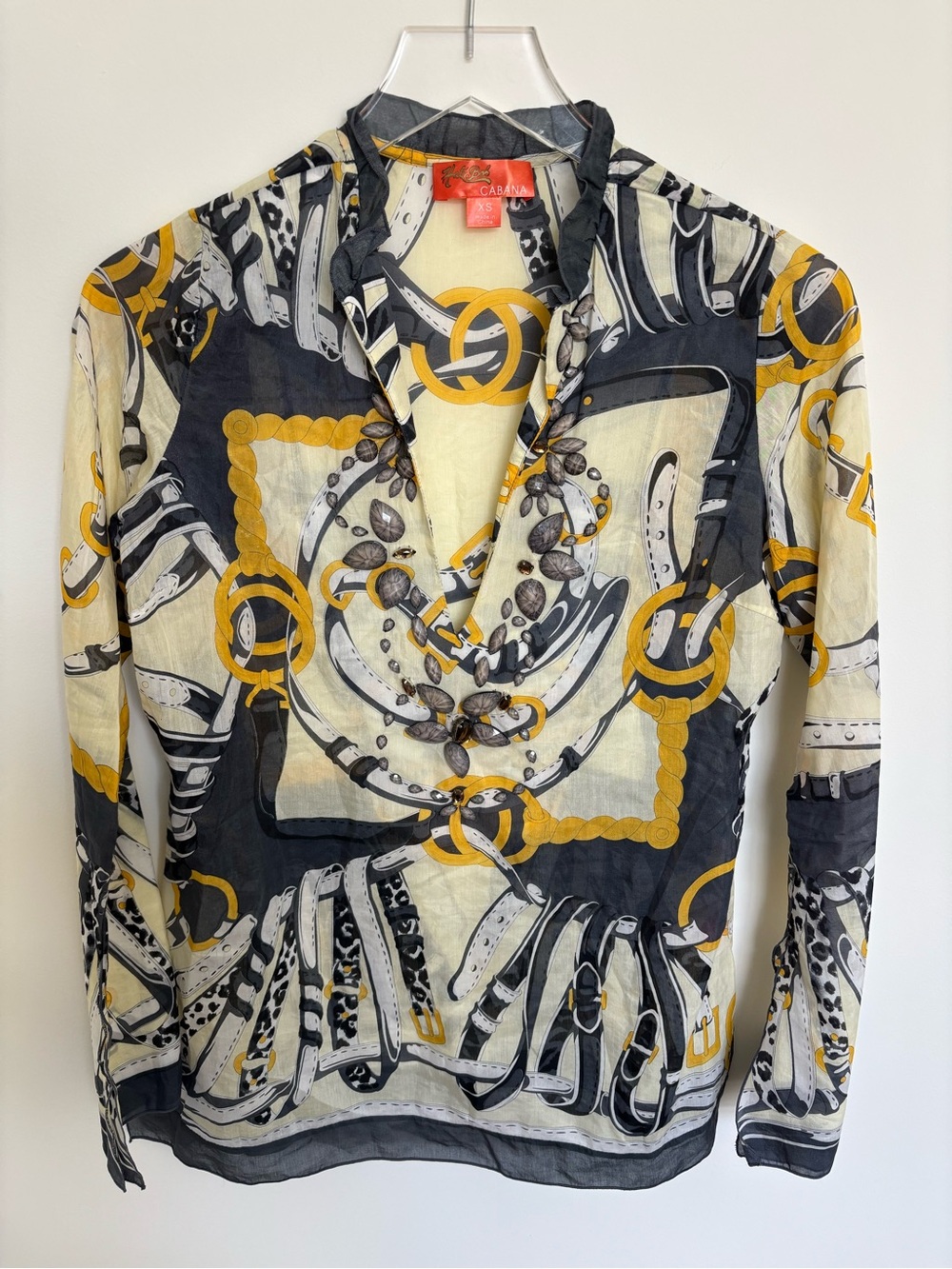 Hale Bob Black, Cream & Gold Chain Print V-Neck Blouse